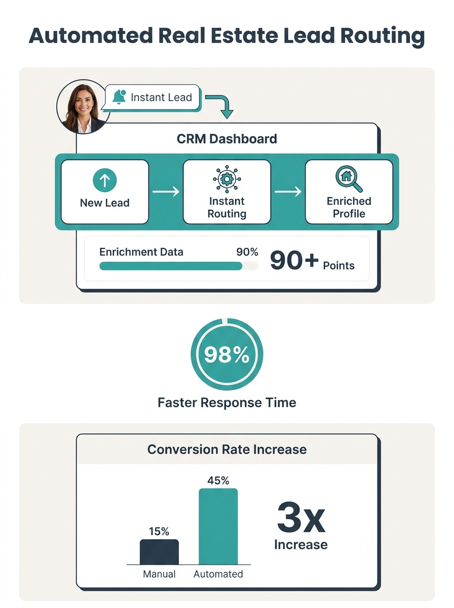 Real estate agent reviewing automated lead notifications on CRM dashboard showing instant routing and enrichment data