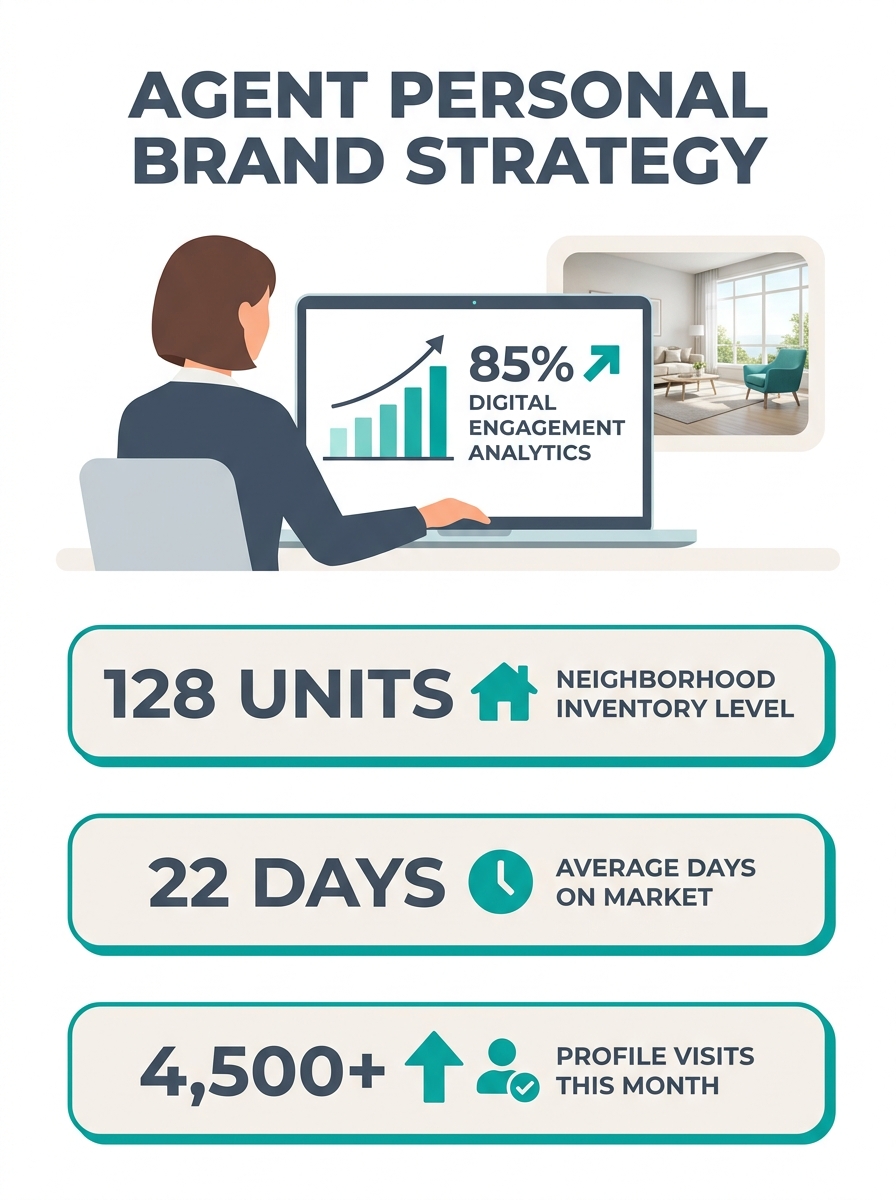 Real estate agent reviewing personal branding strategy on laptop with neighborhood market data displayed