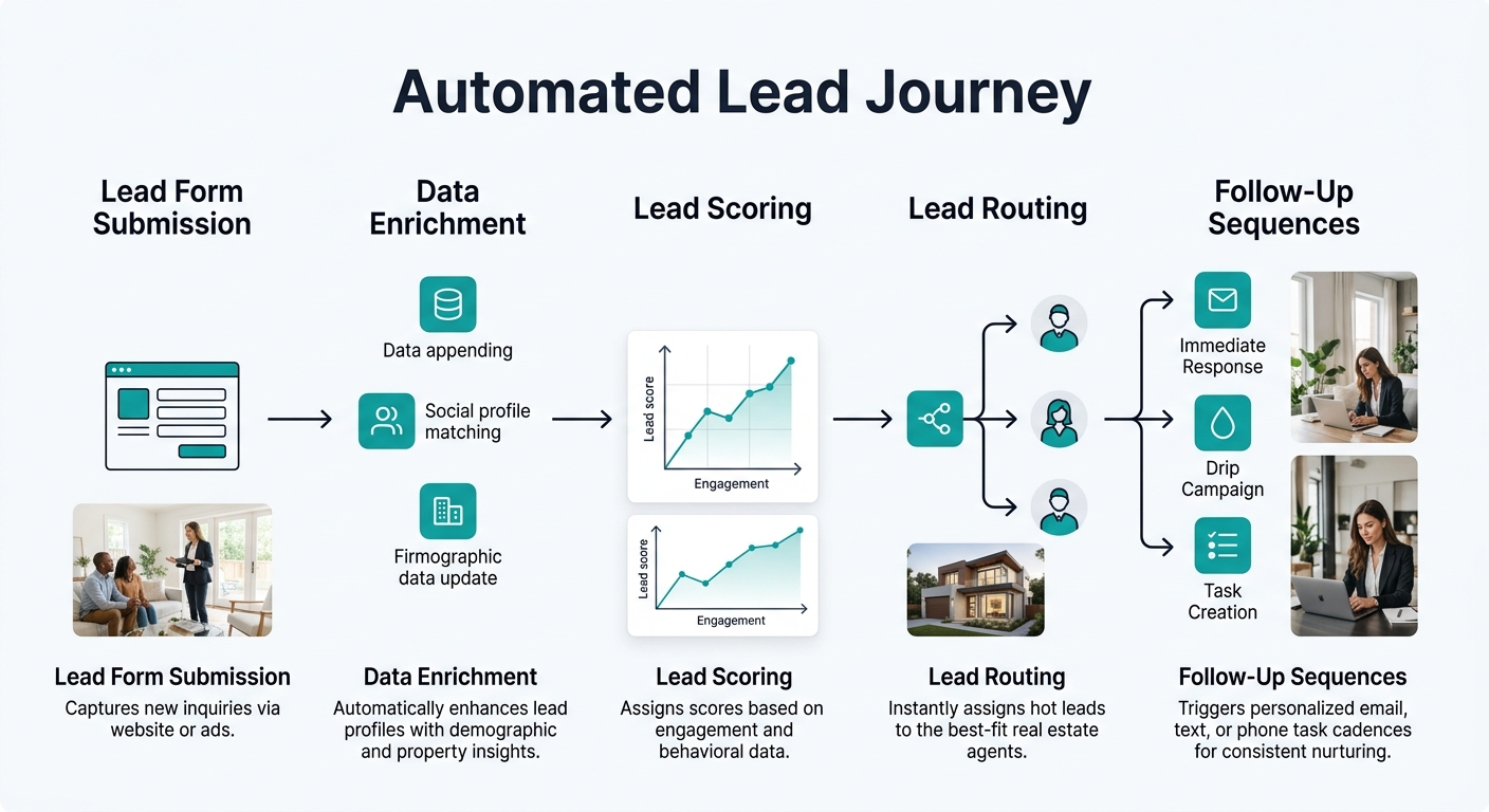 Flowchart diagram showing automated lead journey from form submission through enrichment, scoring, routing, and follow-up sequences
