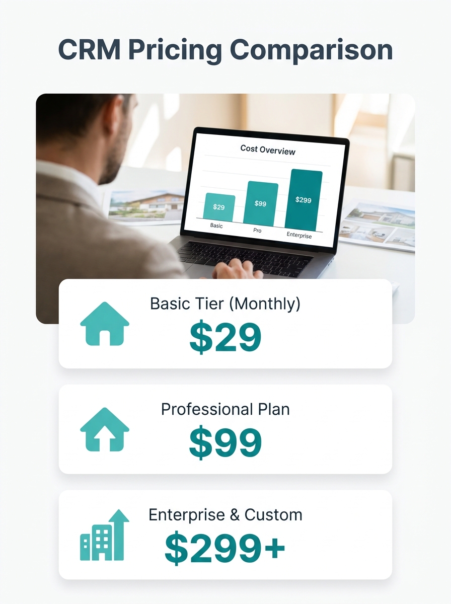 Real estate agent reviewing CRM pricing options on laptop screen with cost comparison charts visible