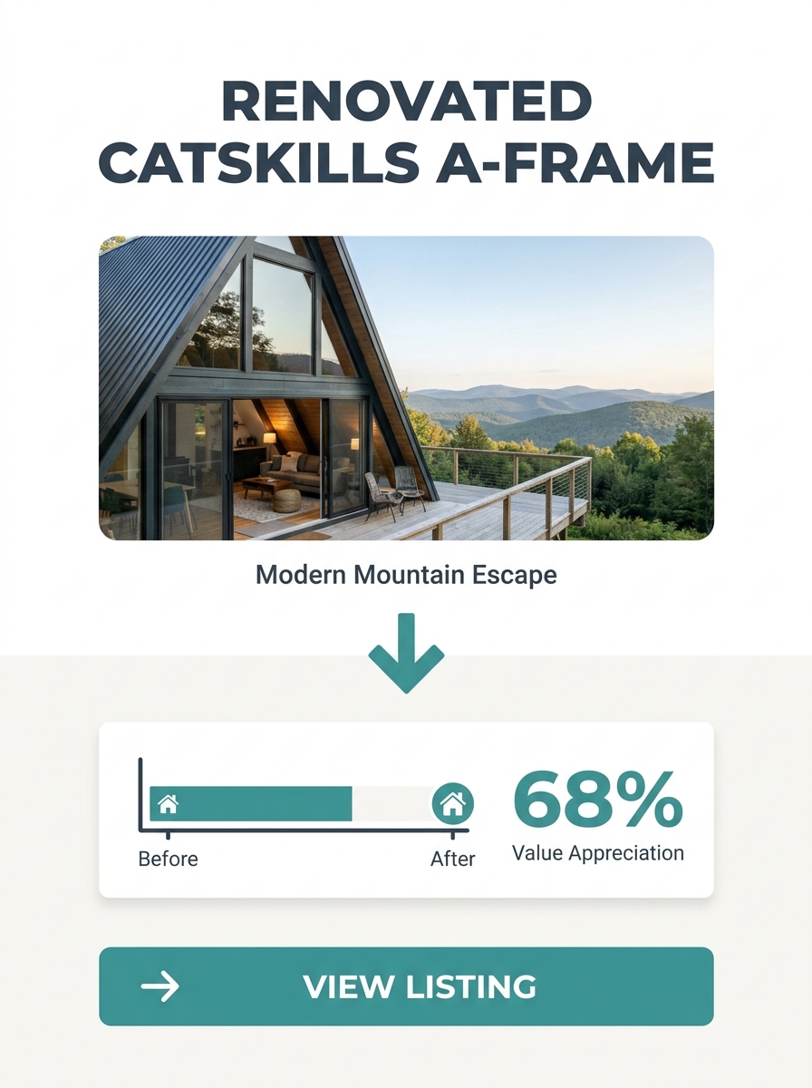 Instagram post showing renovated A-frame cabin in Catskills with mountain views and modern interior