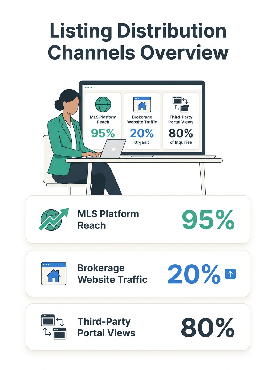 Real estate agent reviewing listing distribution channels on laptop with MLS platform, brokerage website, and portal dashboards visible on screen