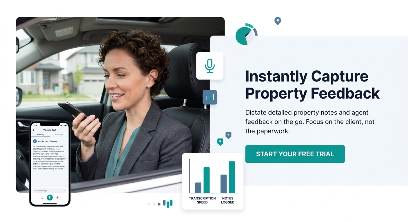 Real estate agent using voice-to-text AI tool on smartphone in car after property showing