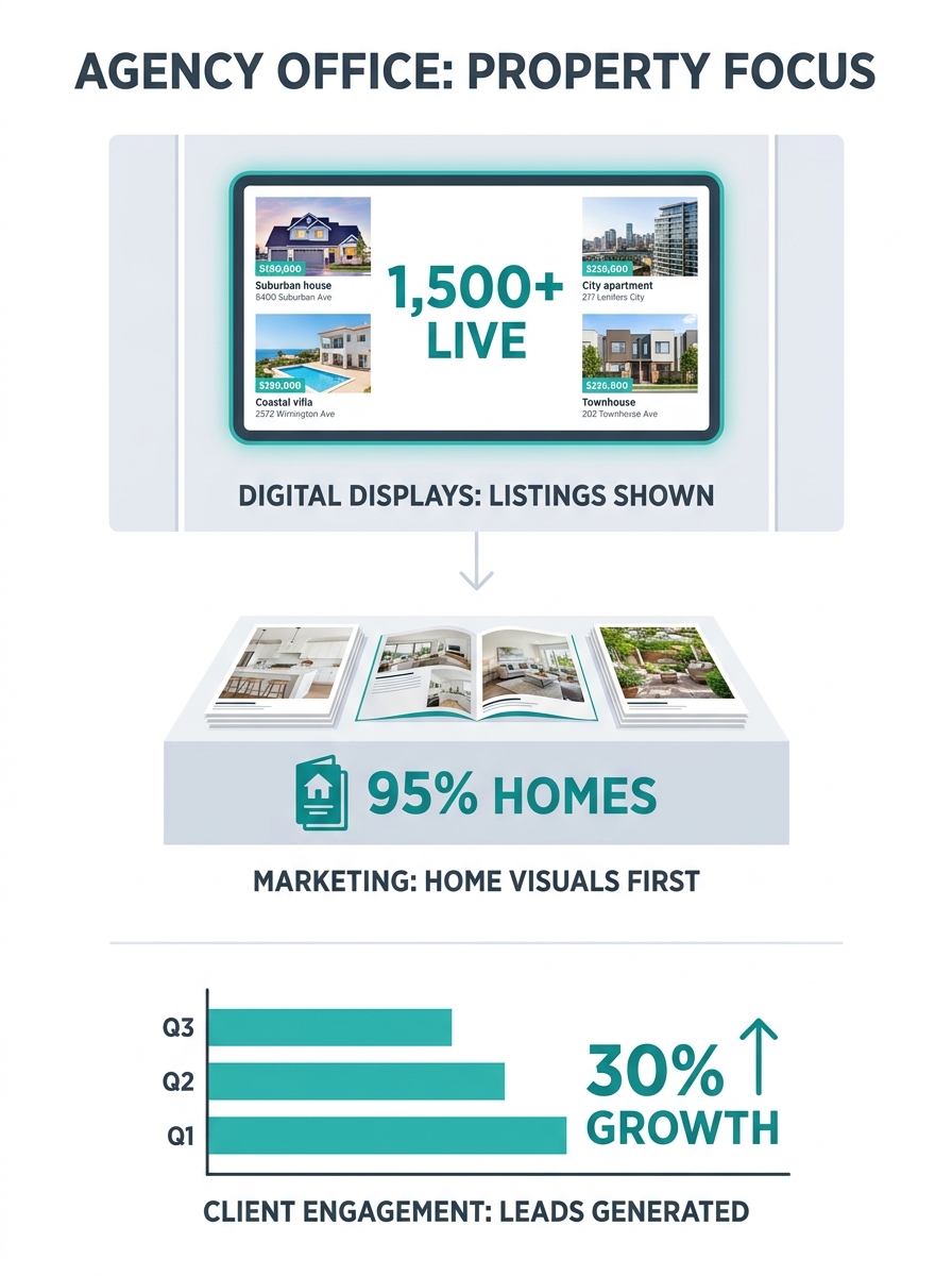 Real estate agency office with property listings displayed on digital screens and marketing materials featuring homes rather than agent headshots