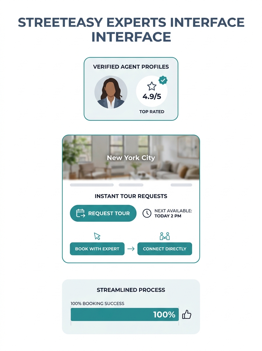 StreetEasy Experts program interface showing agent profiles and tour request functionality on a New York City listing page