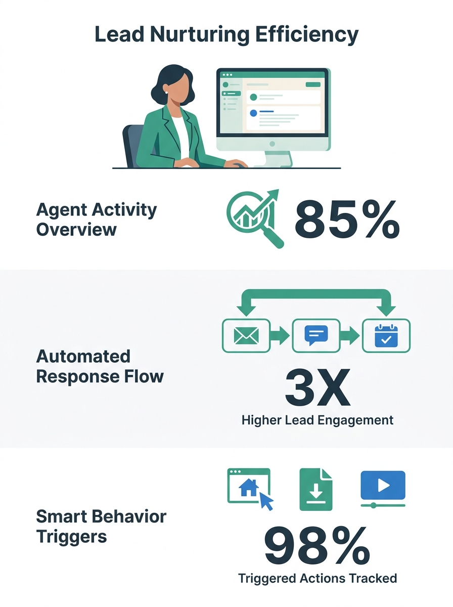 Real estate agent reviewing lead nurturing software dashboard showing automated response sequences and behavior triggers on desktop monitor