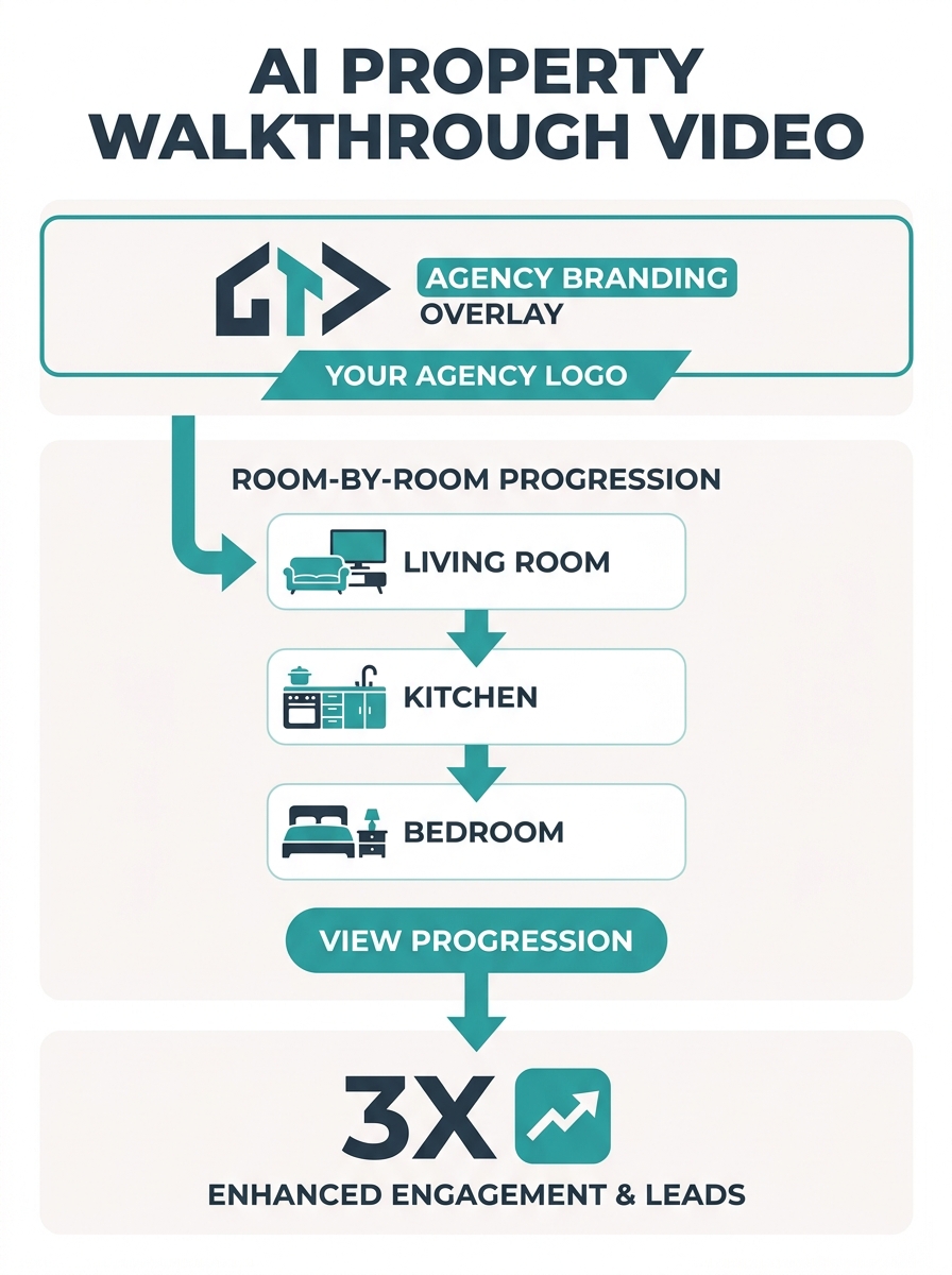 AI-generated property walkthrough video showing room-by-room progression with agency branding overlay