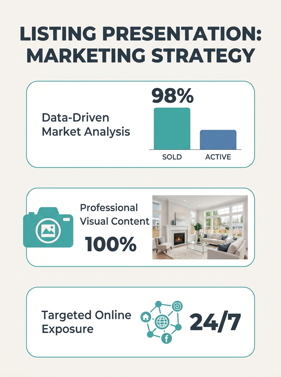 Real estate agent presenting marketing strategy materials to home sellers during listing presentation in modern living room