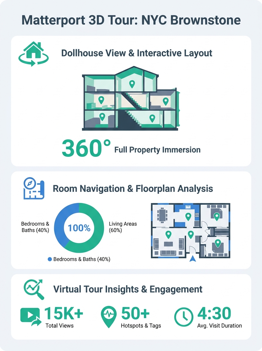 Matterport 3D virtual tour interface showing NYC brownstone layout with dollhouse view and room navigation controls