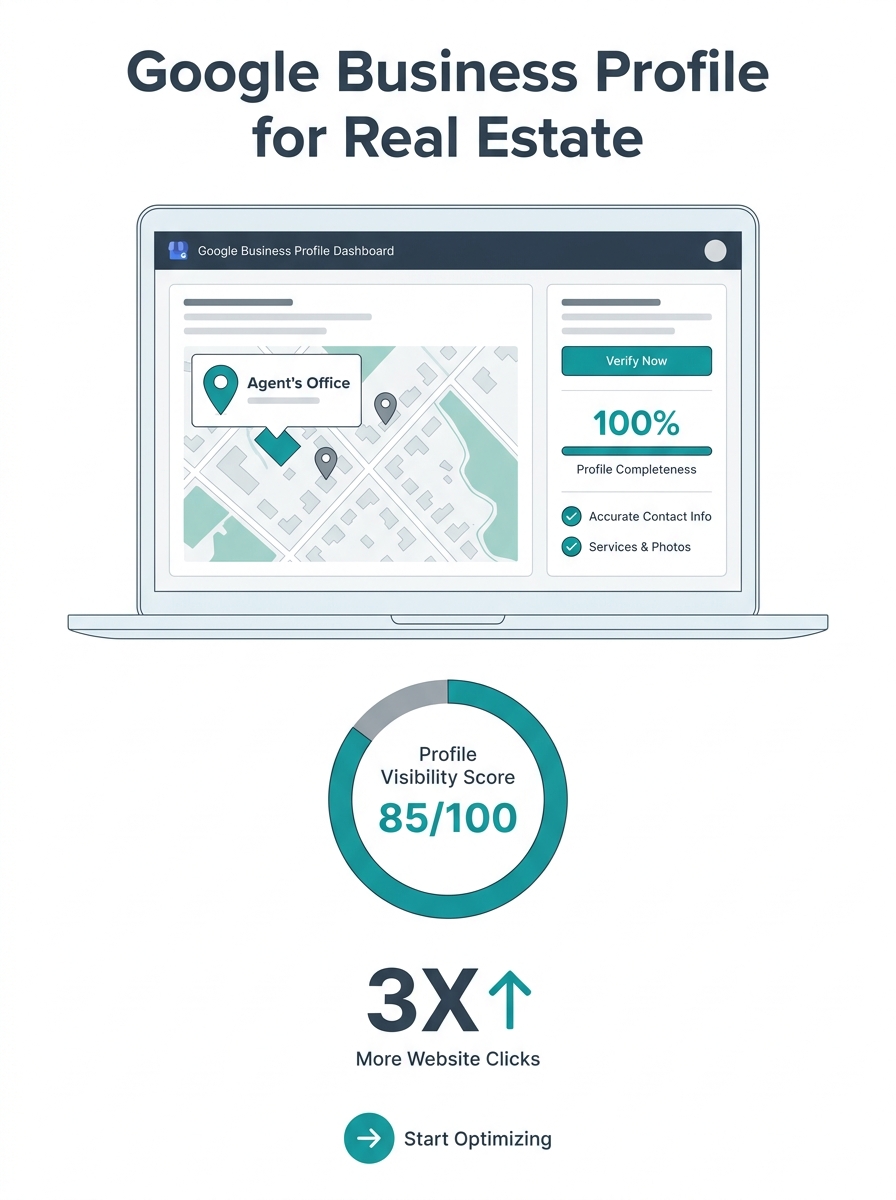 Real estate agent reviewing Google Business Profile settings on laptop with map pack results visible on screen