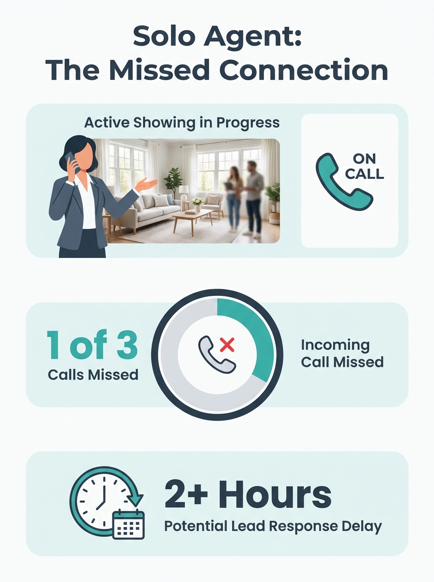 Solo real estate agent on phone during property showing while missing incoming call