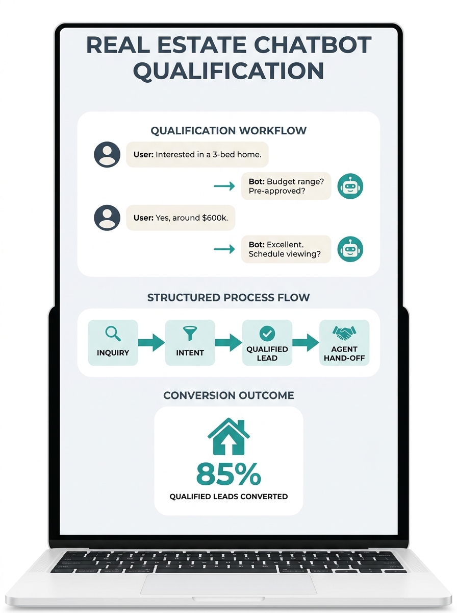 Real estate chatbot interface on laptop screen showing property inquiry conversation with structured qualification workflow