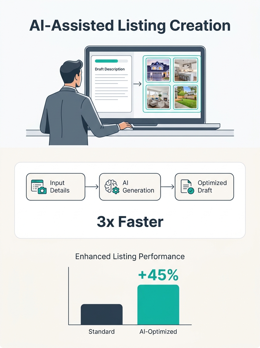 Real estate agent reviewing AI-generated listing description on laptop screen with property photos visible