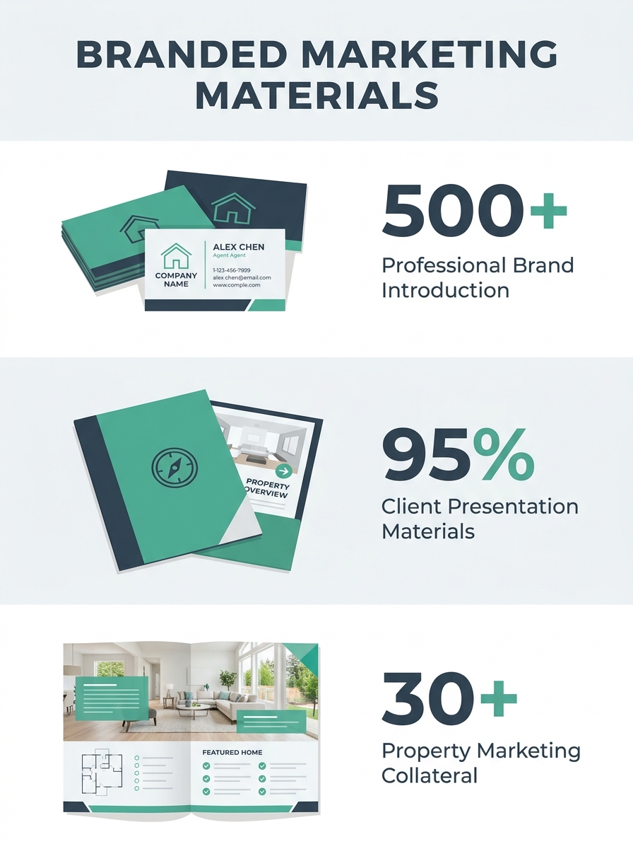 Branded marketing materials including business cards, listing presentation folders, and property brochures laid out on a desk showing consistent color scheme and typography