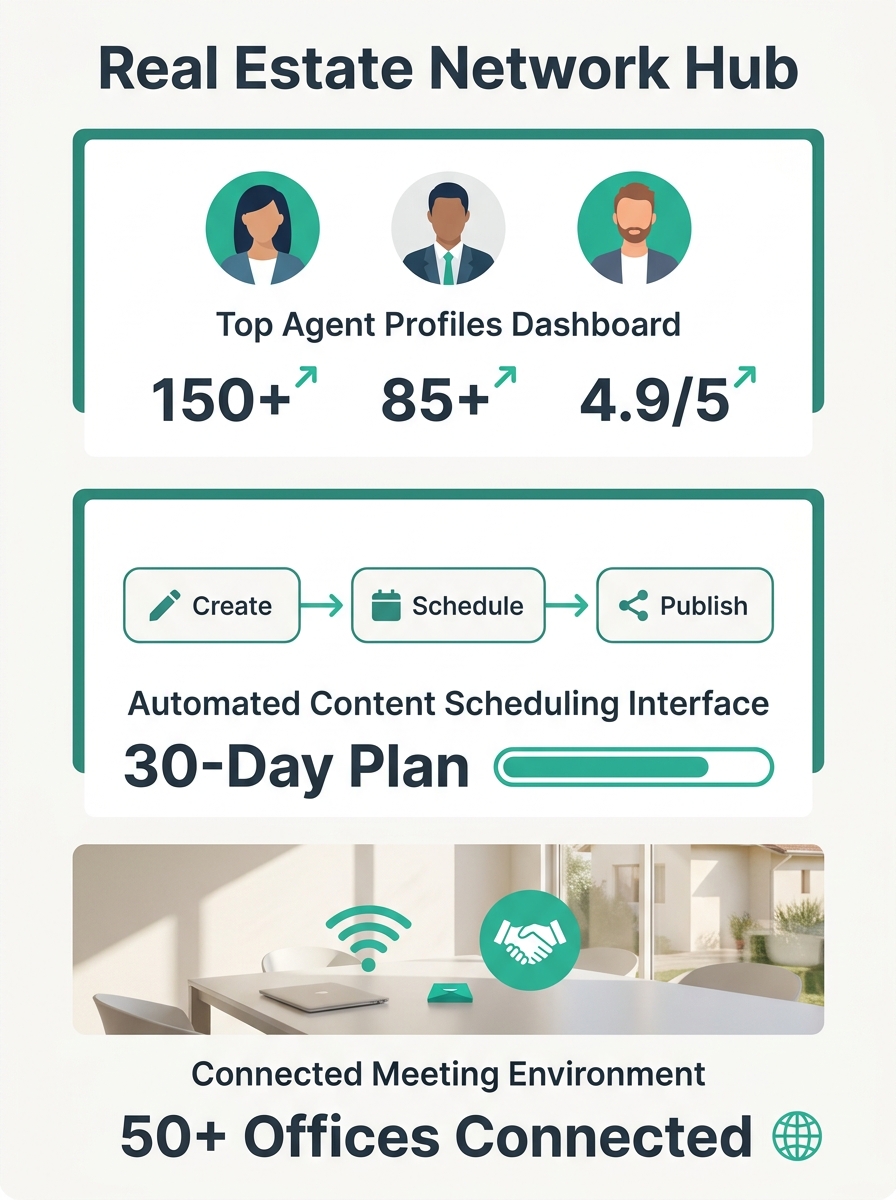 Real estate network office meeting room with screens showing social media dashboards displaying agent profiles and content scheduling interface