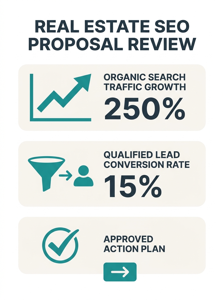 Real estate broker reviewing SEO consultant proposal with laptop displaying analytics dashboard and organic search traffic reports